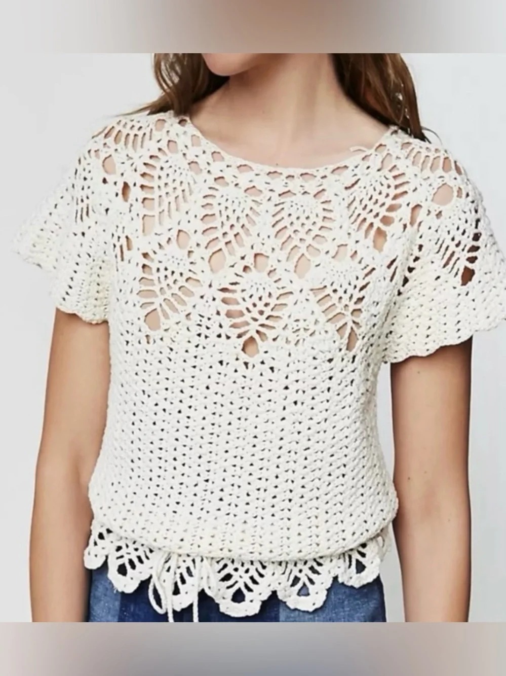 Free People Vintage 60s Crochet Tie Waist Top Ivory OS